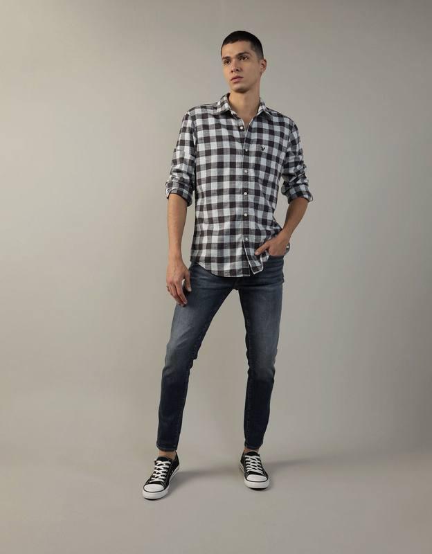 American Eagle Men Plaid Poplin Button-Up Shirt