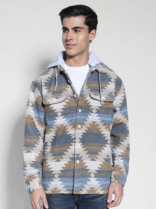 AE Hooded Aztec Fleece Shirt Jacket Beige – Men's