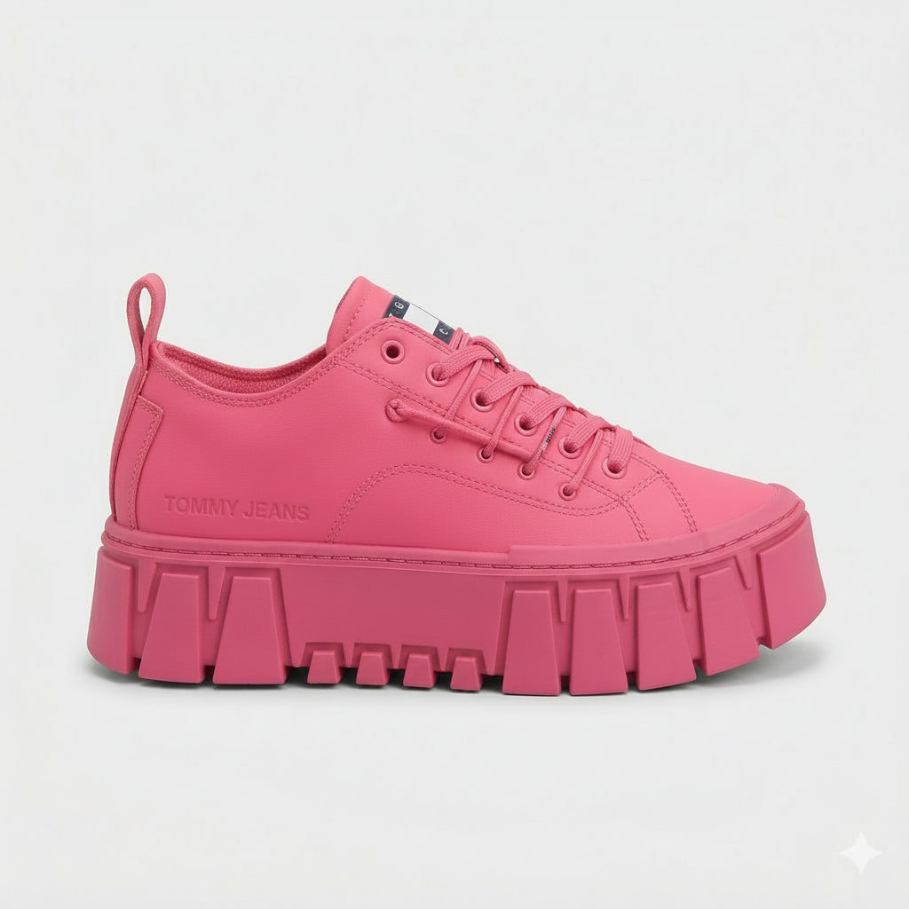 Pink sneaker with a thick sole on a light gray background